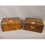 19th Century walnut parquetry inlaid fold-over writing box, together with another mahogany brass