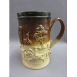 George III Mortlake salt glazed stoneware hunting mug with silver plated mount, 6.75ins high