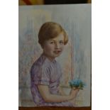 Miniature portrait of a young girl in lilac dress painted on ivorine, inscribed verso ' Mary ', 5ins