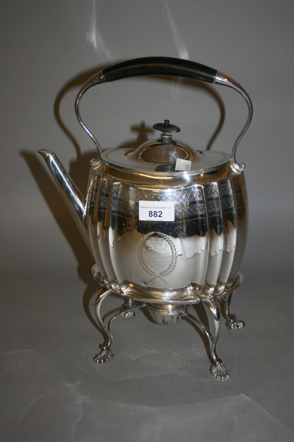 Victorian silver spirit kettle on stand of engraved and fluted design, London, 1882