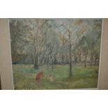 Attributed to Elinor Bellingham Smith, oil on board, figure with child in a wooded landscape,