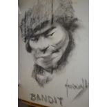 John Hassall, charcoal on board, head of a bandit, labelled ' Bandit ', signed and unframed 88.