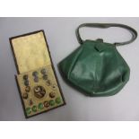 Art Deco green leather ladies evening bag, together with a case containing a quantity of various