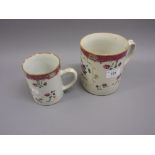 18th Century Chinese export mug with floral painted decoration, together with a similar smaller mug