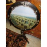 19th Century ebonised and papier mache circular tilt top pedestal table, the painted and abalone