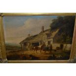 19th Century oil on canvas, landscape with figures and horses by a blacksmith's cottage, 10ins x