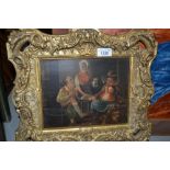 19th Century English primitive school oil on panel, interior scene with figures playing cards,
