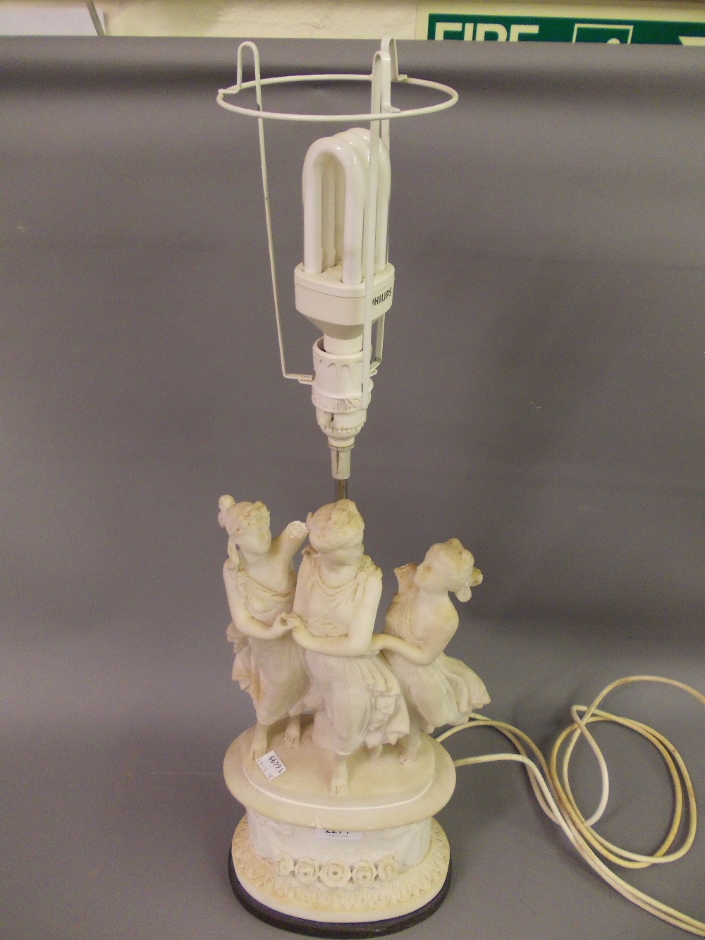 Carved alabaster group of the Three Graces adapted for use as a table lamp (at fault) together