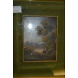 Small 20th Century oil painting on board, figures in a landscape, gilt and green velvet frame, a mid