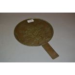 Chinese bronze hand mirror, relief decorated to one side with blossom trees and cranes, 8.75ins