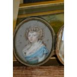 18th / 19th Century watercolour portrait miniature of a girl wearing pearl jewellery and a blue