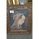 Coloured print, portrait of the Virgin Mary after Botticelli housed in a gilt moulded frame