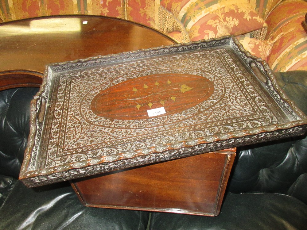 Indian rectangular carved hardwood tray together with a similar three tier cake stand