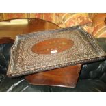 Indian rectangular carved hardwood tray together with a similar three tier cake stand