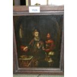 Small 18th Century oil on wooden panel, ' The Alchemist ', 10ins x 7ins, oak framed