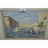 Russian school, framed and glazed oil on board, study of a city canal, signed and inscribed verso, '