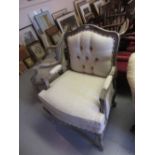 French open arm drawing room chair, newly upholstered in a beige hessian type fabric