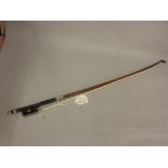 Violin bow by G.A. Pfretzschner, circa 1925 with leather and silver wire grip, mother of pearl