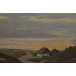 Oil on canvas, coastal landscape with thatched cottages, signed Sorensen