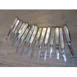 Collection of fifteen various small silver and mother of pearl handled folding fruit knives,