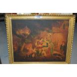 Antique oil on panel, peasant family gathered outside a cottage, 10ins x 12.5ins