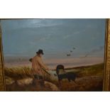19th Century naive school, oil on canvas, figure with gun and gun dog in a marshland landscape,