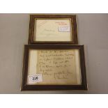 Autograph signed note by John Ruskin, together with an autograph, signed Jerome K. Jerome, both