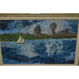 Impressionist style oil on board, study of a sailing boat in a river landscape, 8.5ins x 13ins