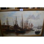 19th Century oil on canvas, harbour scene, inscribed verso ' St. Mary's Pier, Scilly Isles, Tug