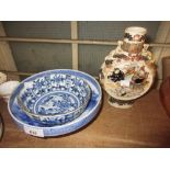 20th Century Japanese blue and white pedestal bowl, 8.5ins diameter, similar smaller bowl and a