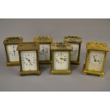 Six various 20th Century brass cased carriage clocks , four with visible escapements and enamel
