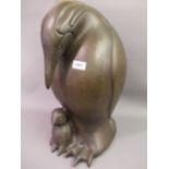 20th Century brown patinated bronze figure of a penguin with chick, 20ins high