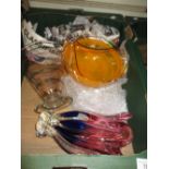 Box containing a quantity of various Art glass vases including Kosta Boda cut glass scent bottle