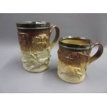 Two small George III Mortlake salt glazed stoneware hunting mugs with silver plated mounts, 5ins and