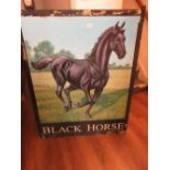 Large 20th Century hand painted on metal pub sign for The Black Horse (double sided), 45ins x 36ins