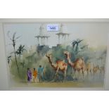 Hugh Lane-Davies, watercolour, procession of camels in Middle Eastern landscape with distant