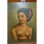 Asian school, oil on board, half length female nude, indistinctly signed, 18ins x 13.5ins, oak