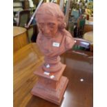 20th Century terra cotta bust of Milton on a matching square plinth base, 24ins overall height