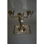 Modern silver three light candelabra and a rectangular silver plated tray