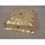 Victorian square mother of pearl games box with hinged cover enclosing mother of pearl and abalone