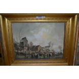 Dutch oil on mahogany panel, frozen river market scene with figures and livestock before a small