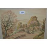 Anita Tregarneth, watercolour, hilly village lane with various cottages (faded), gilt framed,