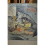 Ralph Hutton, oil on canvas, boats at Alderney, signed and dated '55, with exhibition labels