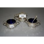 Chester silver three piece cruet set with blue glass liners