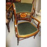 Edwardian mahogany open arm drawing room chair with pierced lunette inlaid back
