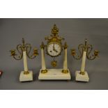 19th Century French white marble and ormolu three piece clock garniture, the clock with enamel