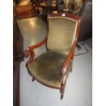 Pair of 19th Century French mahogany green upholstered open armchairs with scroll arms and front