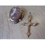 19th Century French gold cross pendant together with a 19th Century yellow metal split pearl and