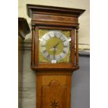 18th Century oak longcase clock, the square hood with flanking pilasters above a star inlaid