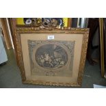Pair of rectangular gilt carved wooden frames with bow surmounts housing French coloured engravings,